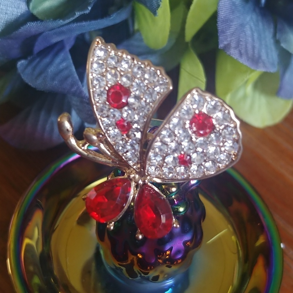 Gold Red Crystal Butterfly Adjustable Ring